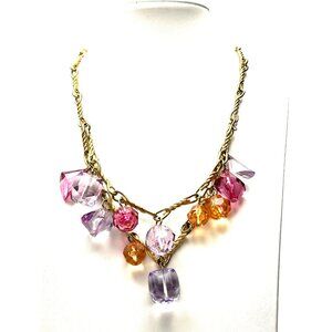 Vintage Goldtone Pastel Lucite Faceted Charm Necklace Toggle Closure 18" EUC